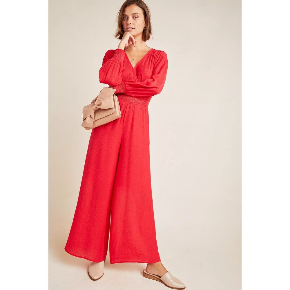 New Current Air Stacey Wide-Leg Jumpsuit Red Smocked Long Sleeve Size XL